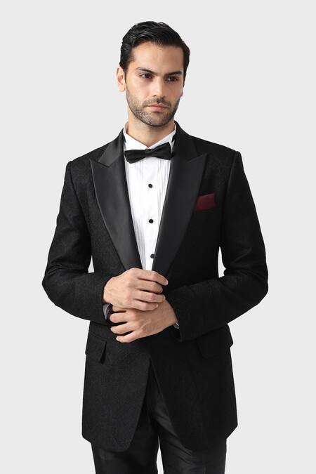 Shop_Raghavendra Rathore Jodhpur_Black Silk, Jacquard Embroidery The Argyll Tuxedo _Online_at_Aza_Fashions