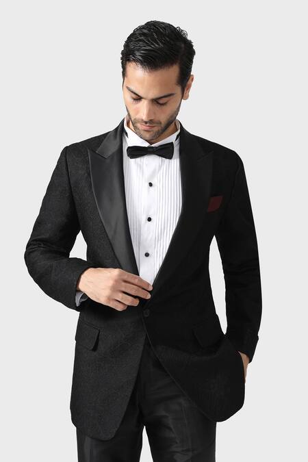 Raghavendra Rathore Jodhpur_Black Silk, Jacquard Embroidery The Argyll Tuxedo _at_Aza_Fashions