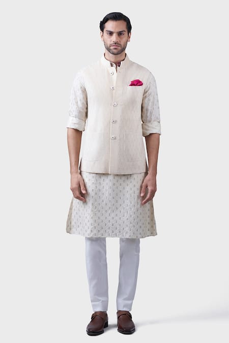 Shop_Raghavendra Rathore Jodhpur_Off White Silk The Honey Comb Tucked Waistcoat _Online_at_Aza_Fashions
