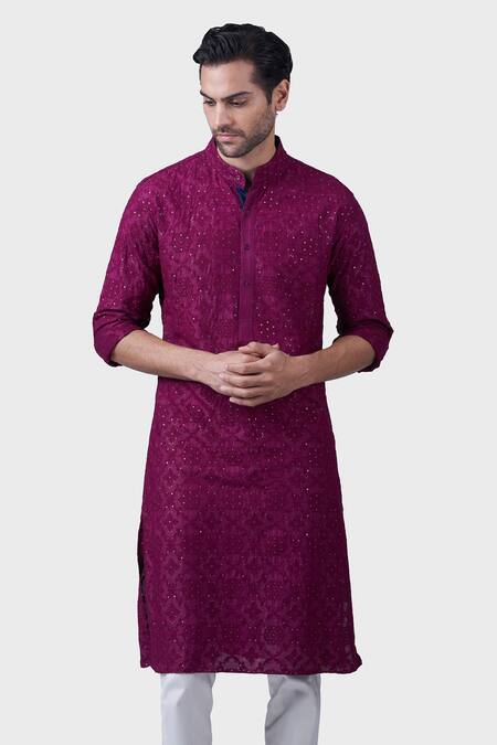 Shop_Raghavendra Rathore Jodhpur_Wine Silk Sequins Baroque Jaal Embroidered Kurta_Online_at_Aza_Fashions