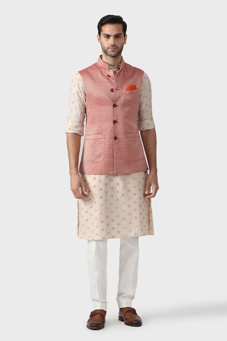 Raghavendra Rathore Jodhpur_Red Silk, Brocade Button Down Waistcoat _Online_at_Aza_Fashions
