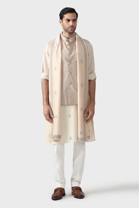 Raghavendra Rathore Jodhpur_Beige Mohair Embroidery The Marwar Floral Waistcoat _Online_at_Aza_Fashions