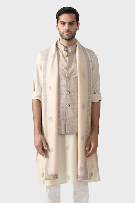 Buy_Raghavendra Rathore Jodhpur_Beige Mohair Embroidery The Marwar Floral Waistcoat _Online_at_Aza_Fashions