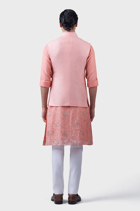 Shop Raghavendra Rathore Jodhpur Pink Silk Sequins The Speckled Jacquard Textured Waistcoat at Aza Fashions Shop_Raghavendra Rathore Jodhpur_Pink Silk Sequins The Speckled Jacquard Textured Waistcoat _at_Aza_Fashions