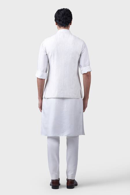 Shop Raghavendra Rathore Jodhpur White Silk Vertical Stripe Tonal Leaf Textured Waistcoat at Aza Fashions Shop_Raghavendra Rathore Jodhpur_White Silk Vertical Stripe Tonal Leaf Textured Waistcoat _at_Aza_Fashions