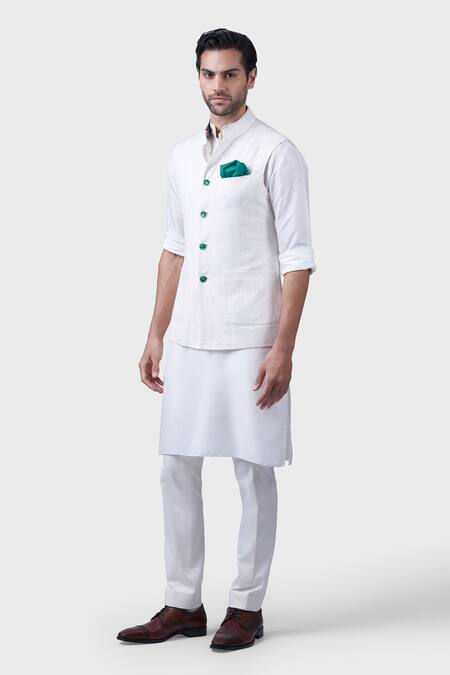 Raghavendra Rathore Jodhpur White Silk Vertical Stripe Tonal Leaf Textured Waistcoat Online at Aza Fashions Raghavendra Rathore Jodhpur_White Silk Vertical Stripe Tonal Leaf Textured Waistcoat _Online_at_Aza_Fashions