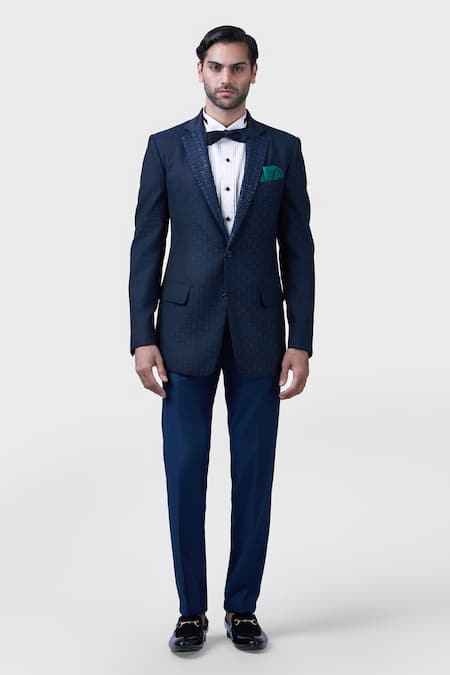 Raghavendra Rathore Jodhpur_Blue Wool Embroidery The Chowki Tuxedo _Online_at_Aza_Fashions