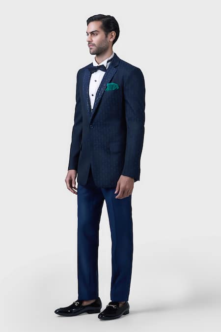Buy_Raghavendra Rathore Jodhpur_Blue Wool Embroidery The Chowki Tuxedo _Online_at_Aza_Fashions