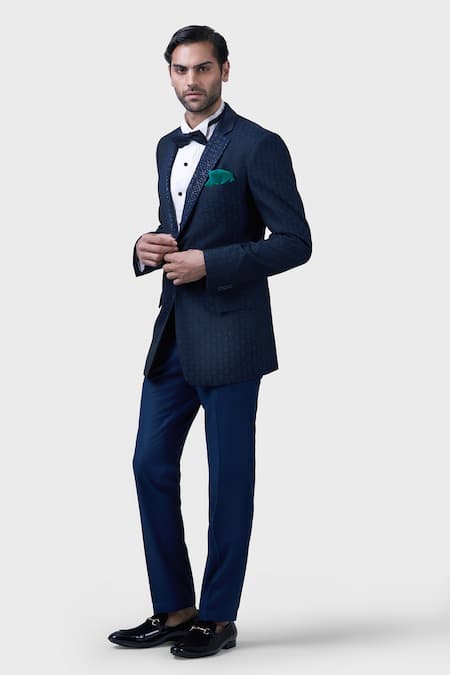Shop_Raghavendra Rathore Jodhpur_Blue Wool Embroidery The Chowki Tuxedo _Online_at_Aza_Fashions
