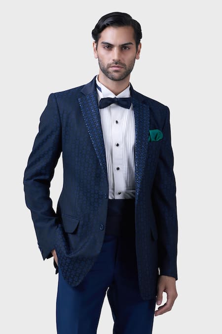 Raghavendra Rathore Jodhpur_Blue Wool Embroidery The Chowki Tuxedo _at_Aza_Fashions