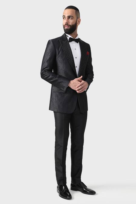 Raghavendra Rathore Jodhpur_Black Silk, Jacquard Embroidery The Arched Abstract Pattern Tuxedo Jacket _Online_at_Aza_Fashions