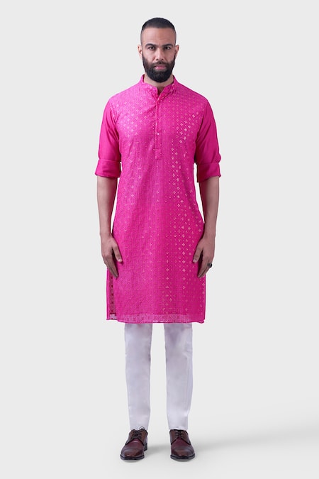 Shop Raghavendra Rathore Jodhpur Pink Silk Sequins, Embroidery Tulia And Thread Kurta Online at Aza Fashions Shop_Raghavendra Rathore Jodhpur_Pink Silk Sequins, Embroidery Tulia And Thread Kurta _Online_at_Aza_Fashions