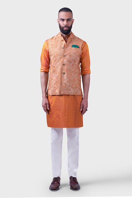 Shop_Raghavendra Rathore Jodhpur_Orange Silk Embroidery The Amer Metallic Thread Waistcoat _Online_at_Aza_Fashions