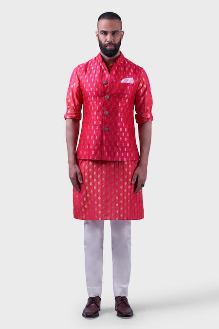 Shop_Raghavendra Rathore Jodhpur_Pink Silk Embroidery The Jaipur Butti Waistcoat _Online_at_Aza_Fashions