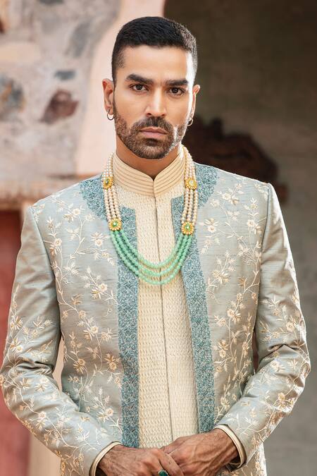 Abkasa_Blue Dupion-raw Silk Blend Textured Pintucks Bluebell Embroidered Bandhgala Set _Online_at_Aza_Fashions