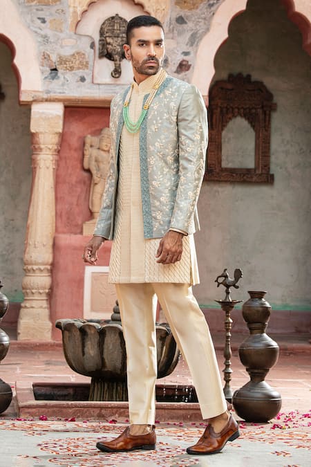 Buy_Abkasa_Blue Dupion-raw Silk Blend Textured Pintucks Bluebell Embroidered Bandhgala Set _Online_at_Aza_Fashions