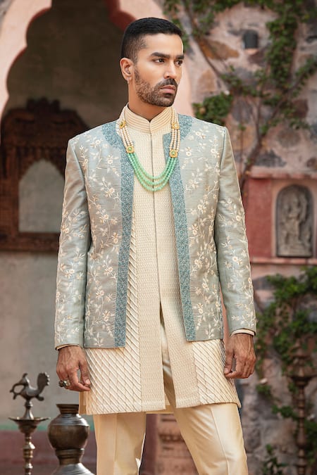 Shop_Abkasa_Blue Dupion-raw Silk Blend Textured Pintucks Bluebell Embroidered Bandhgala Set _Online_at_Aza_Fashions