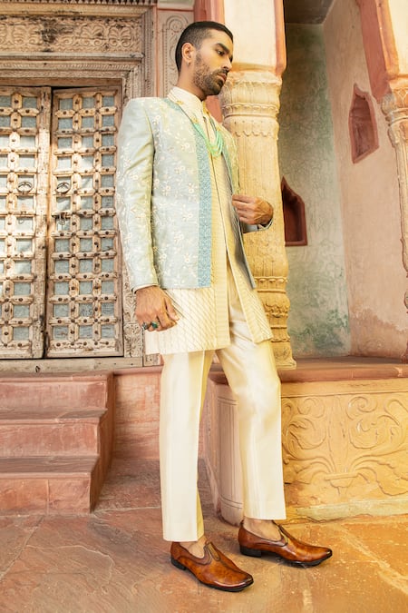 Abkasa_Blue Dupion-raw Silk Blend Textured Pintucks Bluebell Embroidered Bandhgala Set _at_Aza_Fashions