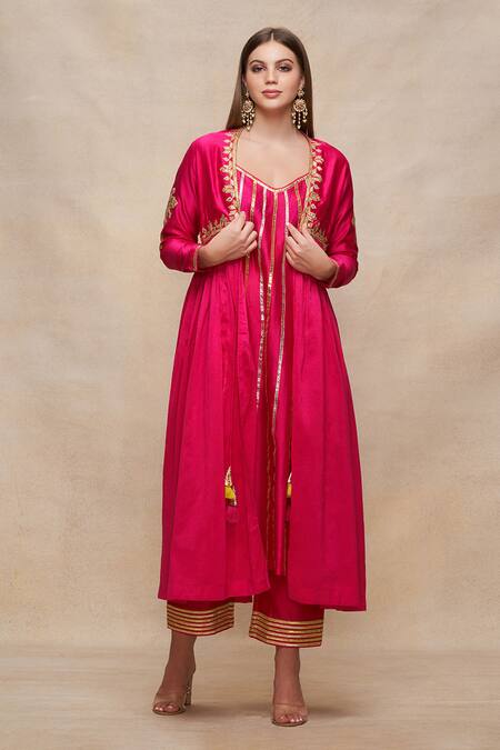 Gulabo By Abu Sandeep_Pink Chanderi Gota Patti Border Embroidered Coat _Online_at_Aza_Fashions