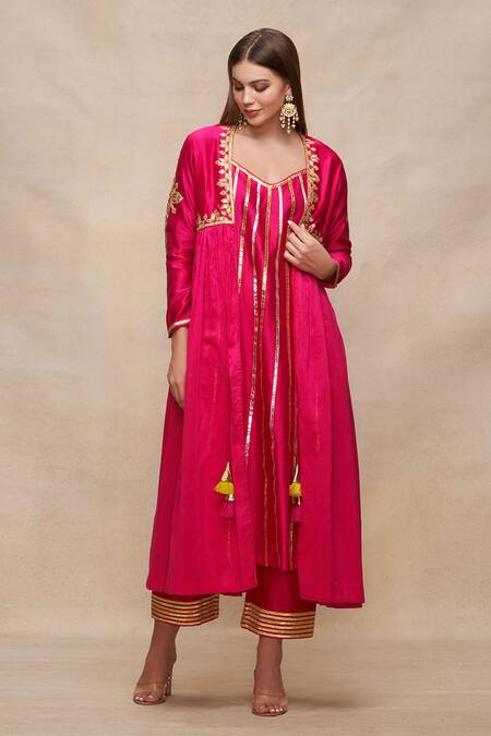 Buy_Gulabo By Abu Sandeep_Pink Chanderi Gota Patti Border Embroidered Coat _Online_at_Aza_Fashions