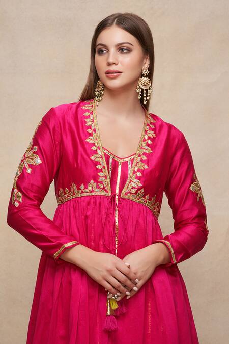 Shop_Gulabo By Abu Sandeep_Pink Chanderi Gota Patti Border Embroidered Coat _Online_at_Aza_Fashions