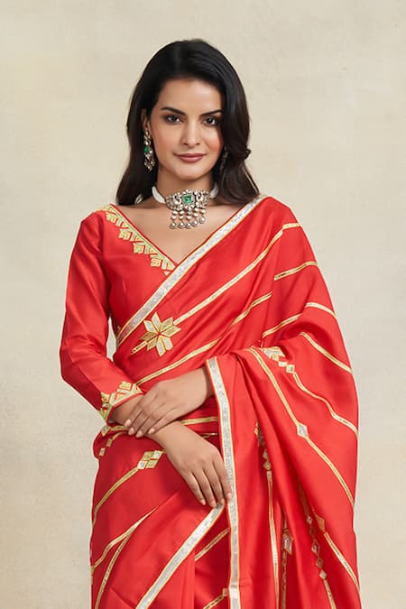 Gulabo By Abu Sandeep_Red Chanderi Gota Patti Embellished Saree _Online_at_Aza_Fashions