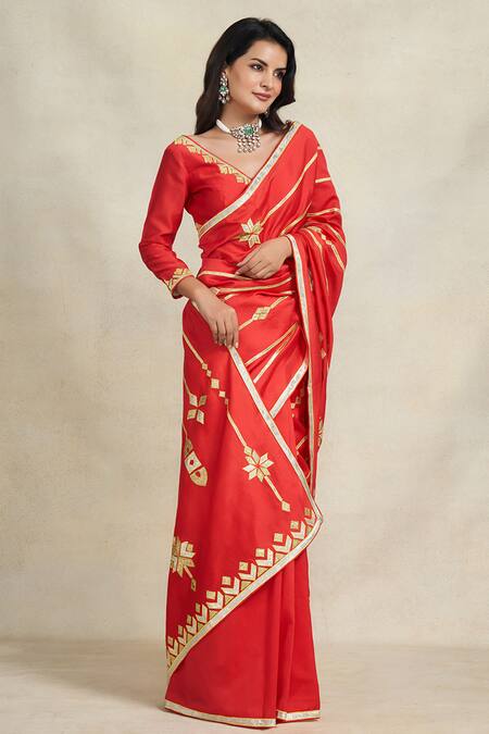 Shop_Gulabo By Abu Sandeep_Red Chanderi Gota Patti Embellished Saree _Online_at_Aza_Fashions