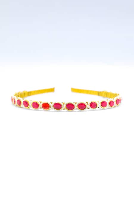 Shop Foot Fuel Gold Crystals, Beads Embellished Brooch Hairband at Aza Fashions Shop_Foot Fuel_Gold Crystals, Beads Embellished Brooch Hairband _at_Aza_Fashions