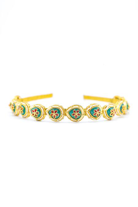 Foot Fuel_Gold Beads, Crystals Drop Embellished Brooch Hairband _Online_at_Aza_Fashions