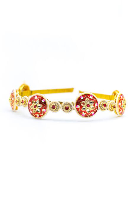Foot Fuel_Gold Crystals, Beads Studded Carved Brooch Hairband _Online_at_Aza_Fashions