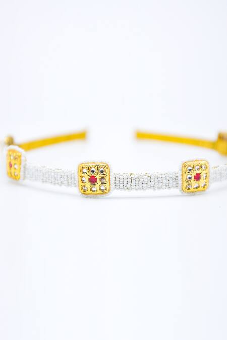 Foot Fuel_Gold Crystals, Beads Square Studded Brooch Hairband _Online_at_Aza_Fashions