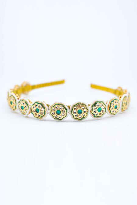 Foot Fuel_Gold Crystals, Beads Studded Floral Brooch Hairband _Online_at_Aza_Fashions