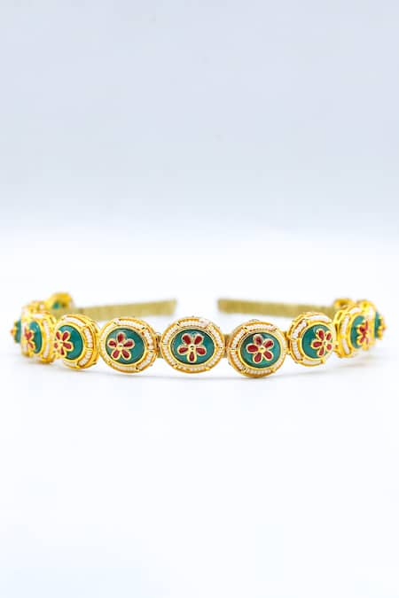 Shop Foot Fuel Gold Beads, Crystals Floral Carved Hairband at Aza Fashions Shop_Foot Fuel_Gold Beads, Crystals Floral Carved Hairband _at_Aza_Fashions