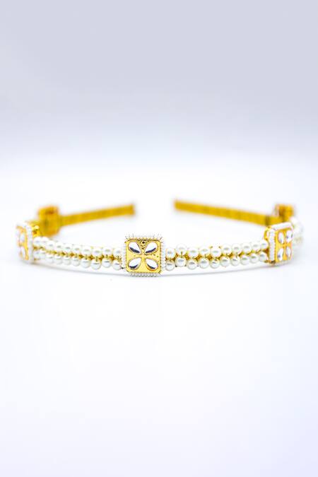 Foot Fuel_Gold Pearls, Crystals Petite Bloom Quad And Studded Hair Band _Online_at_Aza_Fashions