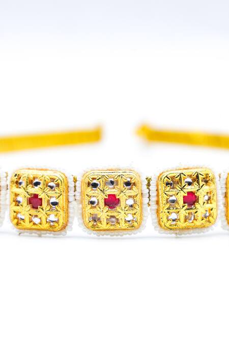 Foot Fuel_Gold Crystals, Beads Geometric Broach Hairband _Online_at_Aza_Fashions