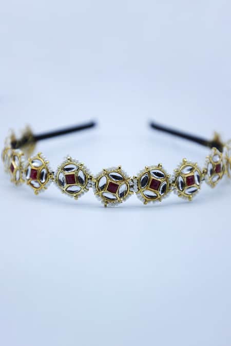 Shop Foot Fuel Gold Crystals, Beads Pansy Bloom And Studded Hair Band at Aza Fashions Shop_Foot Fuel_Gold Crystals, Beads Pansy Bloom And Studded Hair Band _at_Aza_Fashions