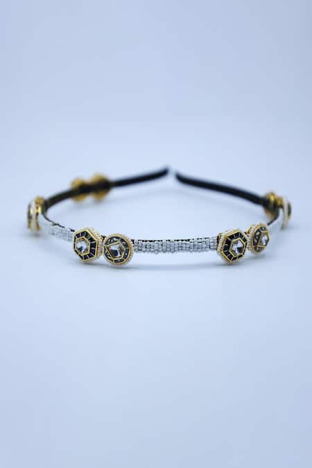 Shop Foot Fuel Gold Crystals, Beads Geometric Ornate And Studded Hair Band at Aza Fashions Shop_Foot Fuel_Gold Crystals, Beads Geometric Ornate And Studded Hair Band _at_Aza_Fashions
