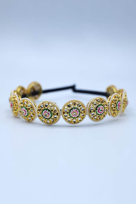 Foot Fuel Gold Beads Crystal Studded Circular Brooch Hairband 