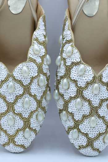 Foot Fuel_Gold Cut Work, Pearls, Sequins Jaan Embroidered Mules _Online_at_Aza_Fashions