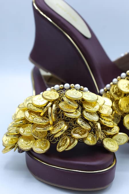 Foot Fuel_Maroon Chains Coin Love Embellished Wedges _Online_at_Aza_Fashions