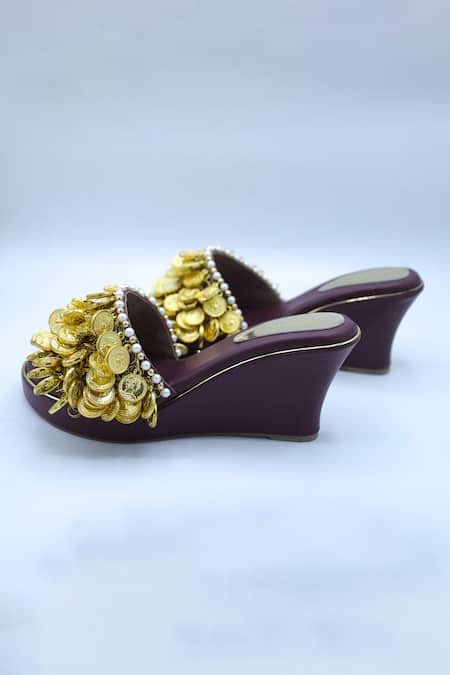 Buy_Foot Fuel_Maroon Chains Coin Love Embellished Wedges _Online_at_Aza_Fashions
