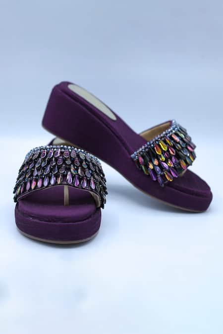 Foot Fuel_Purple Beads Clustered Crystal Embellished Wedges _Online_at_Aza_Fashions