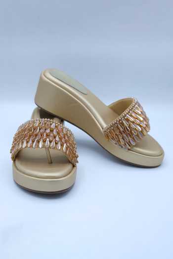 Shop Foot Fuel Gold Crystals Embellished Metallic Wedges at Aza Fashions Shop_Foot Fuel_Gold Crystals Embellished Metallic Wedges _at_Aza_Fashions