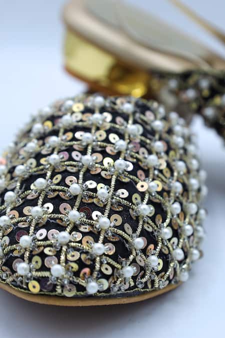 Foot Fuel_Black Zari, Sequins, Beads Aankhiyaa Embellished Heel Mules _Online_at_Aza_Fashions