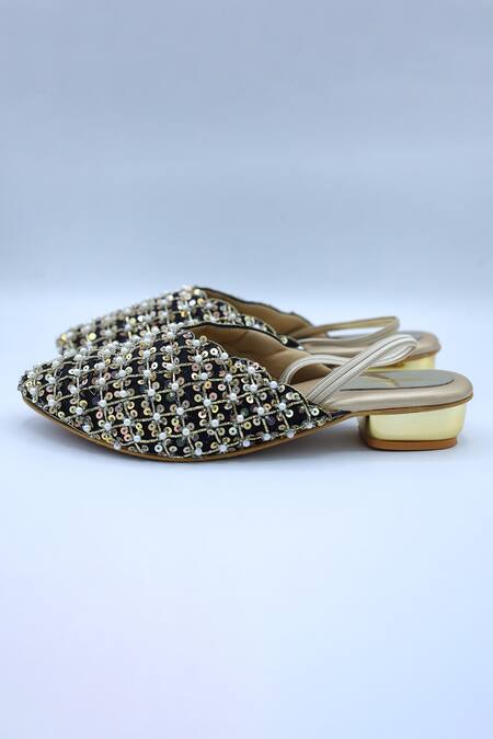 Buy_Foot Fuel_Black Zari, Sequins, Beads Aankhiyaa Embellished Heel Mules _Online_at_Aza_Fashions