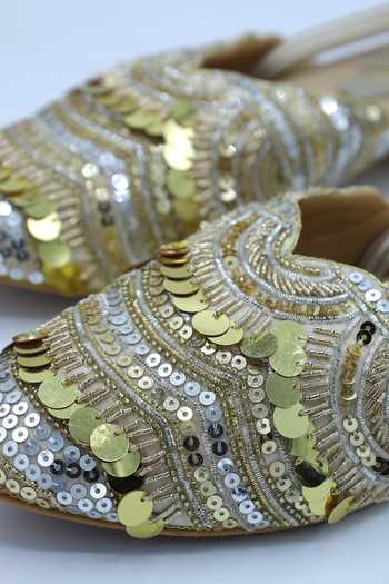 Foot Fuel_Gold Zari, Sequins Kaliaa Embellished Heel Mules _Online_at_Aza_Fashions