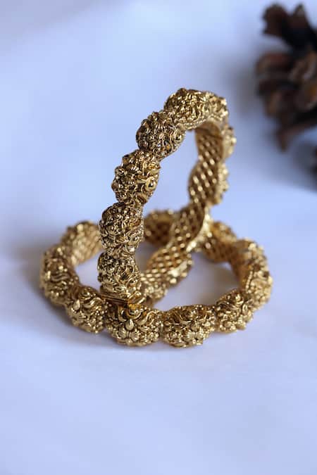 Shop Do Taara Gold Plated Embroidery Embossed Temple Bangles Set at Aza Fashions Shop_Do Taara_Gold Plated Embroidery Embossed Temple Bangles Set _at_Aza_Fashions