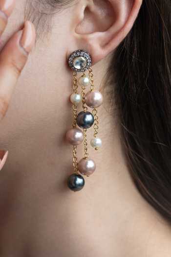 Do Taara Grey Stones, Diamonds, Pearls Polki And Embellished Earrings Online at Aza Fashions Do Taara_Grey Stones, Diamonds, Pearls Polki And Embellished Earrings _Online_at_Aza_Fashions