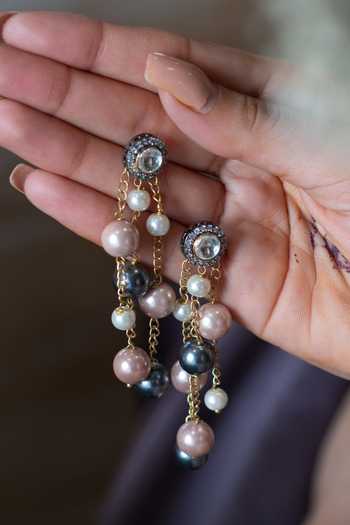 Buy Do Taara Grey Stones, Diamonds, Pearls Polki And Embellished Earrings Online at Aza Fashions Buy_Do Taara_Grey Stones, Diamonds, Pearls Polki And Embellished Earrings _Online_at_Aza_Fashions