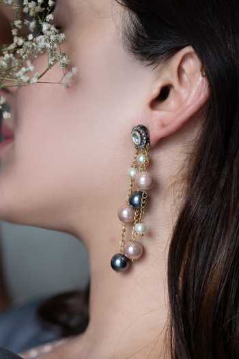 Shop Do Taara Grey Stones, Diamonds, Pearls Polki And Embellished Earrings Online at Aza Fashions Shop_Do Taara_Grey Stones, Diamonds, Pearls Polki And Embellished Earrings _Online_at_Aza_Fashions
